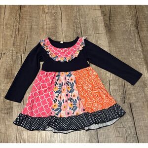 Girls Boutique Dress 5/6T Patchwork Ruffle Long Sleeve Navy Pink Orange